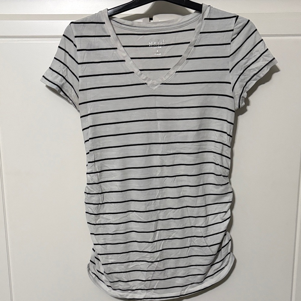 Maternity: Classic Striped V-Neck Women’s Top - White with Black Stripes